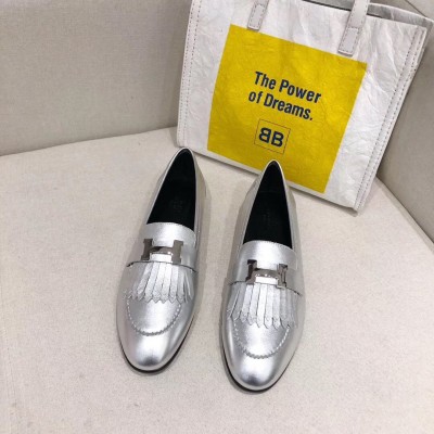 Hermes Royal Loafers In Silver Metallic Lambskin TDSS13488