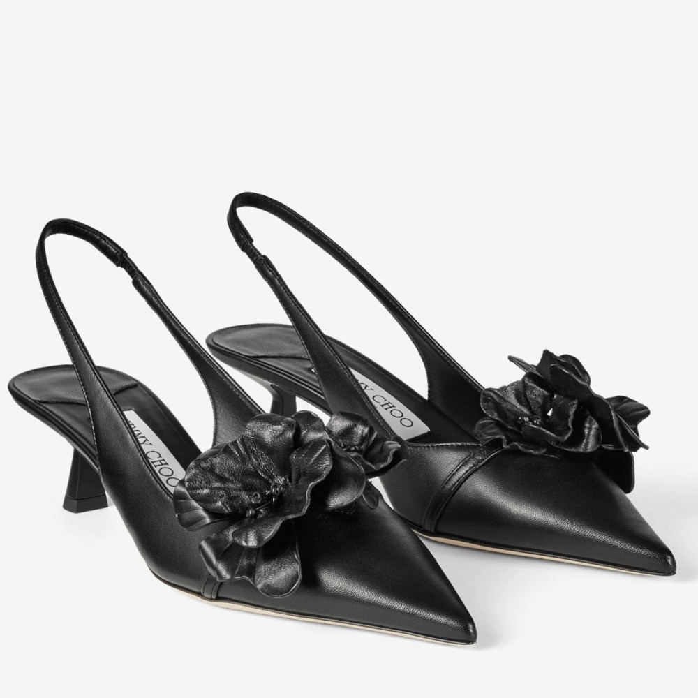 Jimmy Choo Amita Flowers 45mm Slingback Pumps in Black Leather TDSS13495