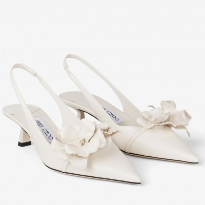 Jimmy Choo Amita Flowers 45mm Slingback Pumps in White Leather TDSS13496