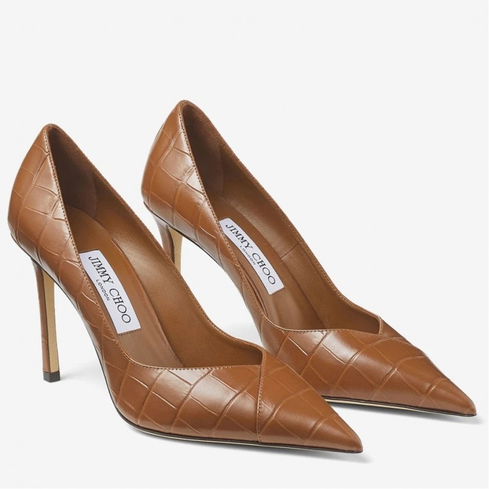 Jimmy Choo Cass 95mm Pumps in Brown Croc-Embossed Leather TDSS13515