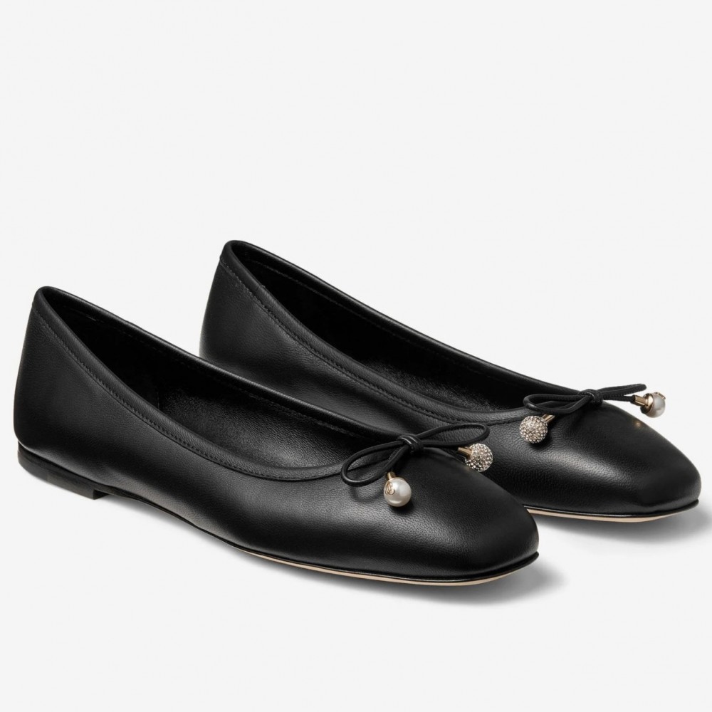 Jimmy Choo Elme Flats In Black Leather with Pearl Embellishment TDSS13522