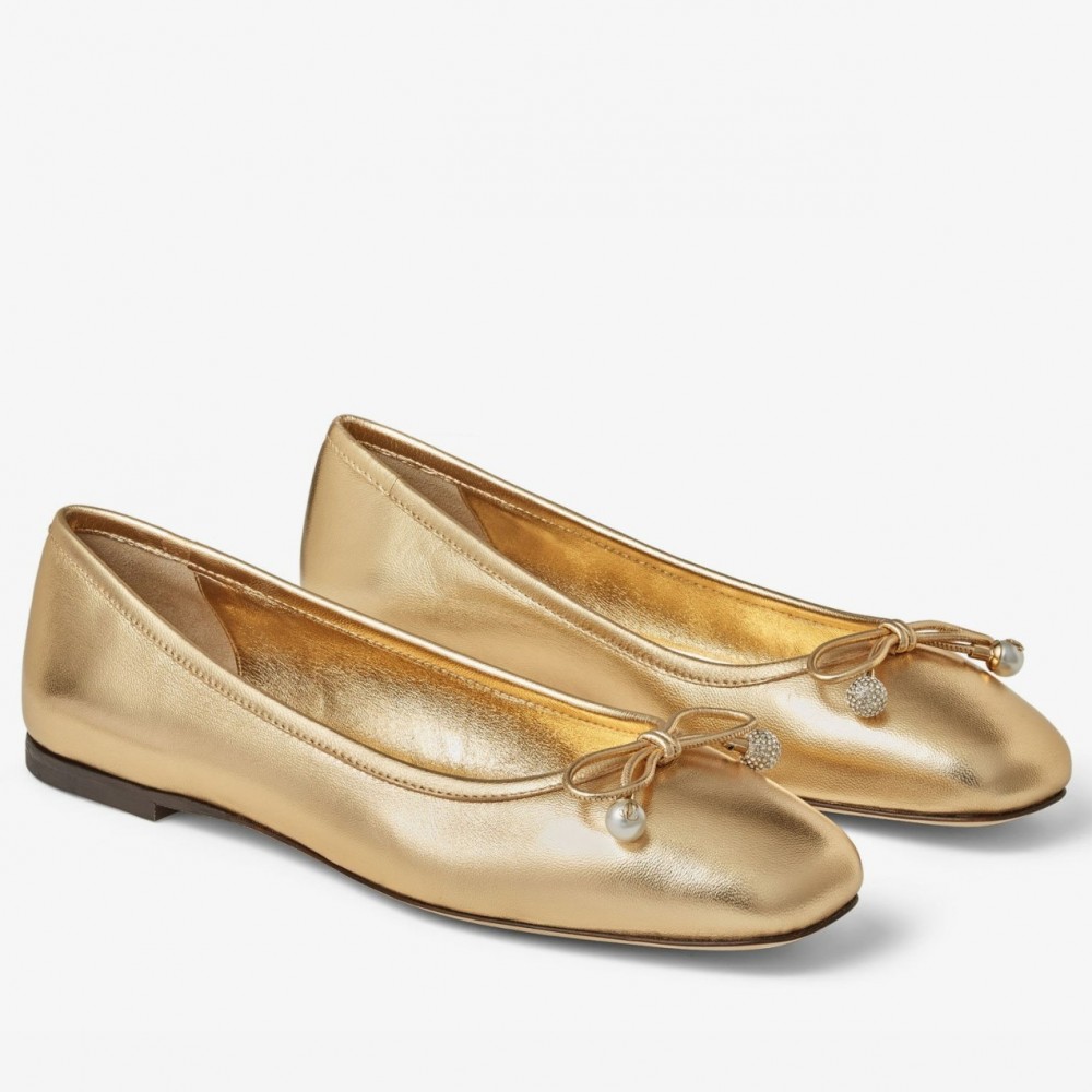 Jimmy Choo Elme Flats In Gold Metallic Leather with Pearl Embellishment TDSS13523