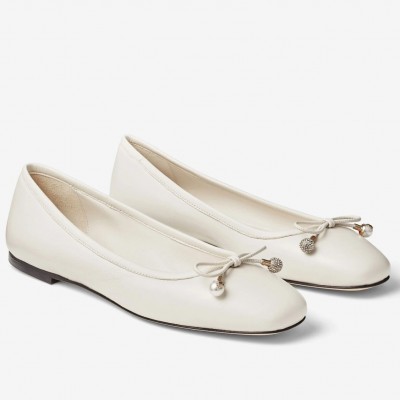 Jimmy Choo Elme Flats In White Leather with Pearl Embellishment TDSS13524