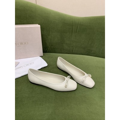 Jimmy Choo Elme Flats In White Leather with Pearl Embellishment TDSS13524