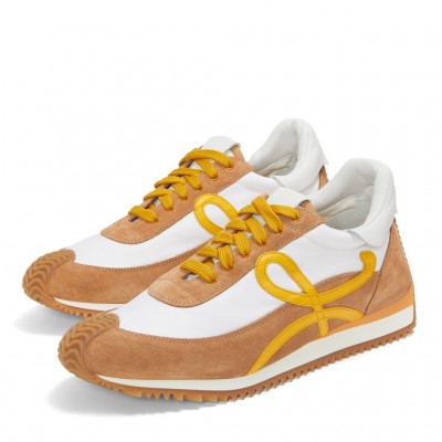 Loewe Flow Runner Sneakers in White Nylon and Tan Suede TDSS13574