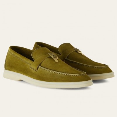 Loro Piana Summer Charms Walk Loafers in Olive Suede Leather TDSS13579