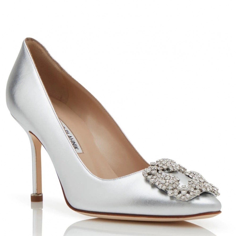 Manolo Blahnik Hangisi 70 Pumps in Silver Metallic Leather TDSS13605