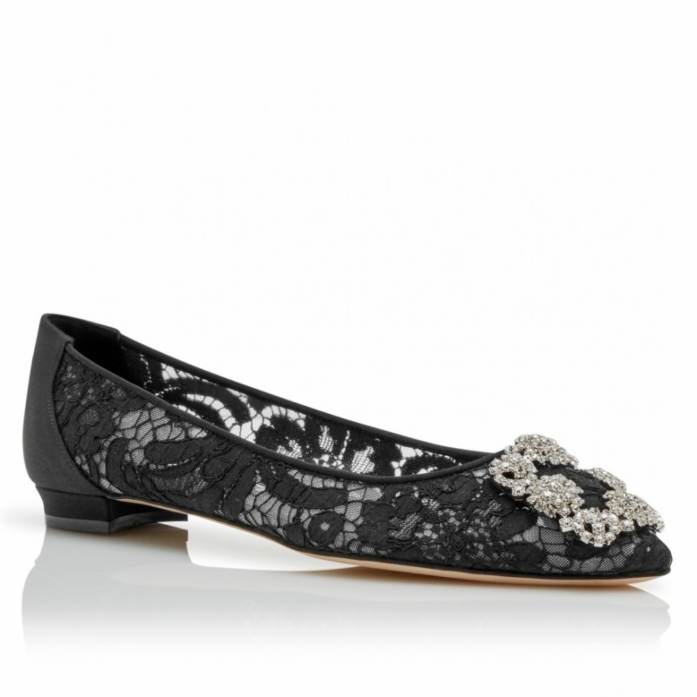 Manolo Blahnik Hangisi Flats In Black Lace with Crystal Buckle TDSS13608