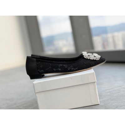 Manolo Blahnik Hangisi Flats In Black Lace with Crystal Buckle TDSS13608