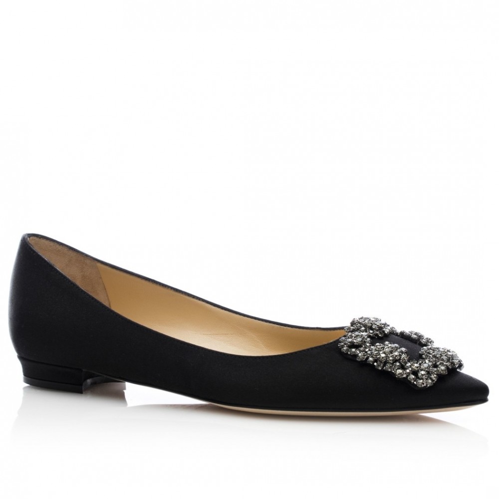 Manolo Blahnik Hangisi Flats In Black Satin with Crystal Buckle TDSS13609