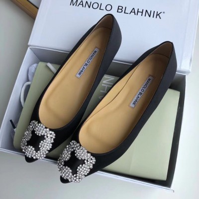 Manolo Blahnik Hangisi Flats In Black Satin with Crystal Buckle TDSS13609