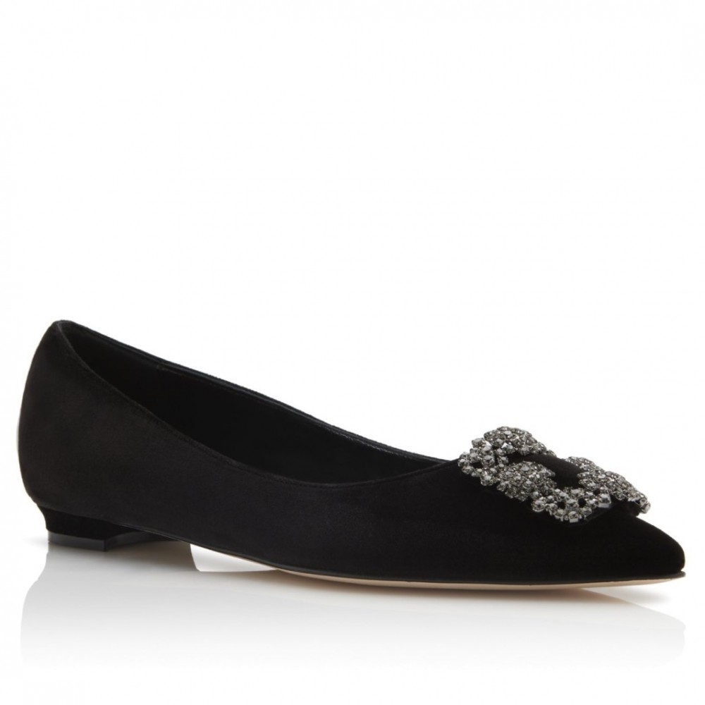 Manolo Blahnik Hangisi Flats In Black Velvet with Crystal Buckle TDSS13610