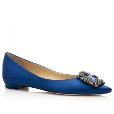 Manolo Blahnik Hangisi Flats In Blue Satin with Crystal Buckle TDSS13611