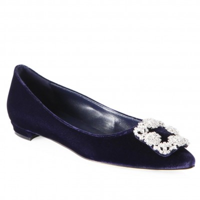 Manolo Blahnik Hangisi Flats In Blue Velvet with Crystal Buckle TDSS13612