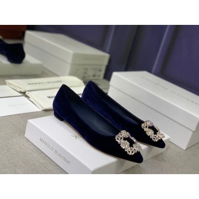 Manolo Blahnik Hangisi Flats In Blue Velvet with Crystal Buckle TDSS13612