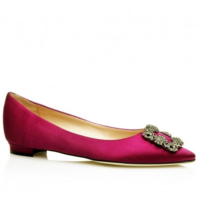 Manolo Blahnik Hangisi Flats In Bordeaux Satin with Crystal Buckle TDSS13613