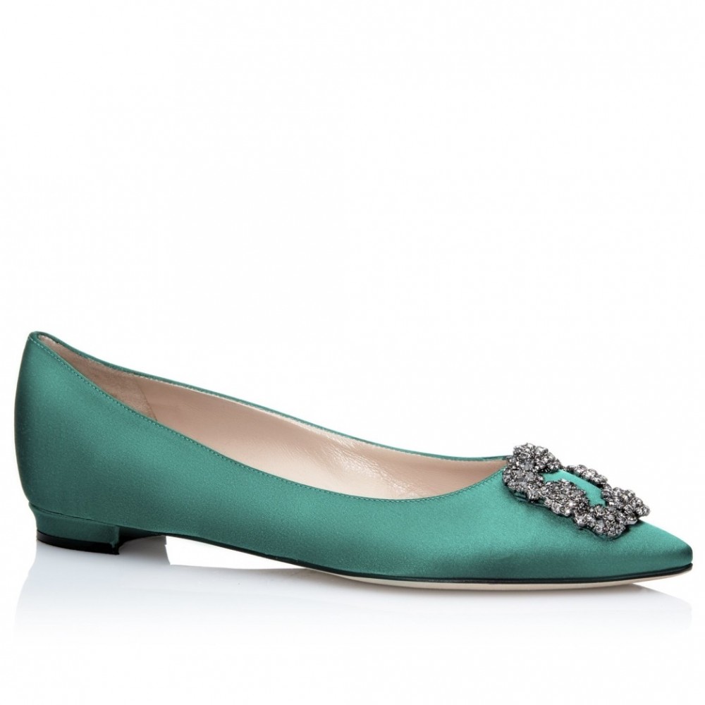 Manolo Blahnik Hangisi Flats In Green Satin with Crystal Buckle TDSS13614