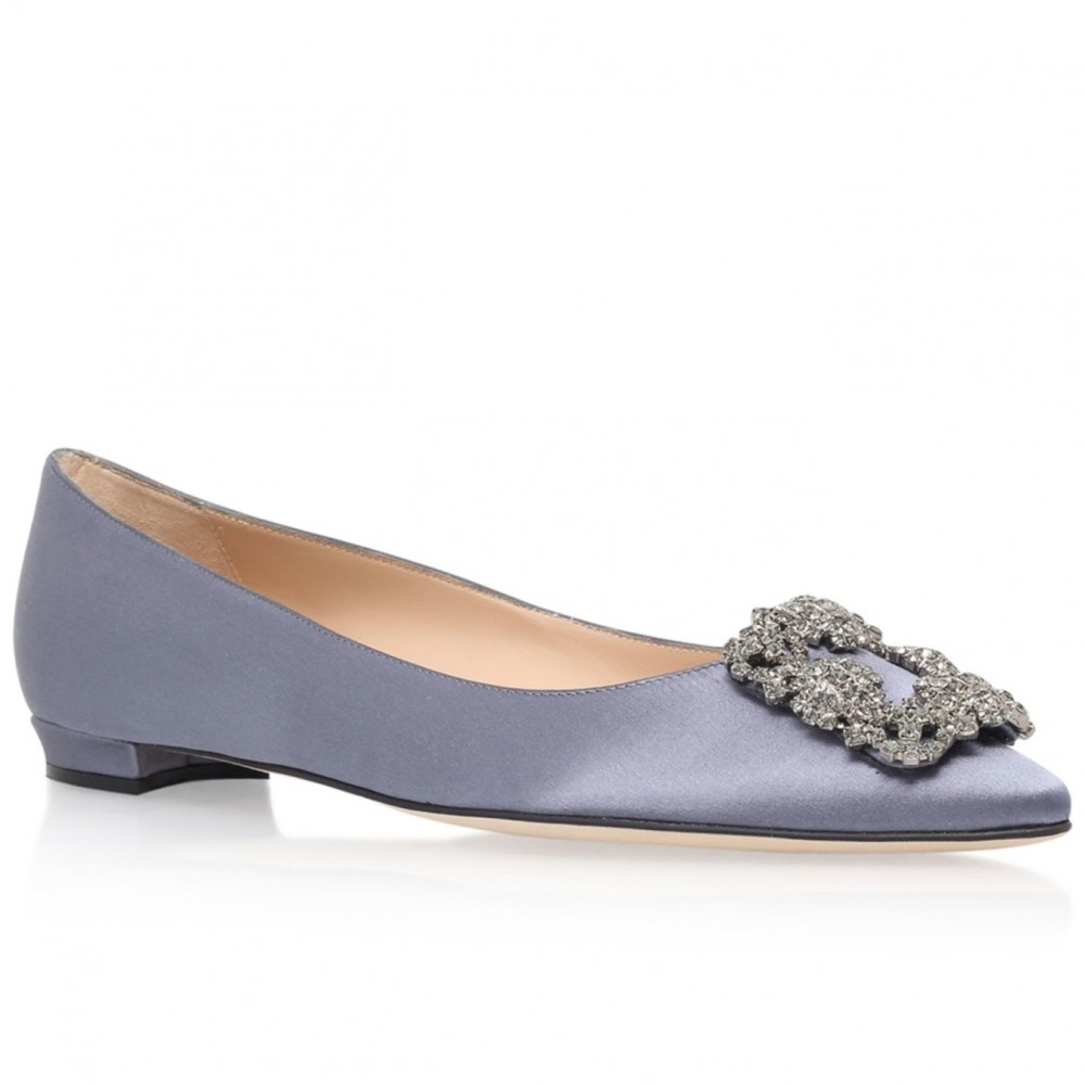 Manolo Blahnik Hangisi Flats In Grey Satin with Crystal Buckle TDSS13615