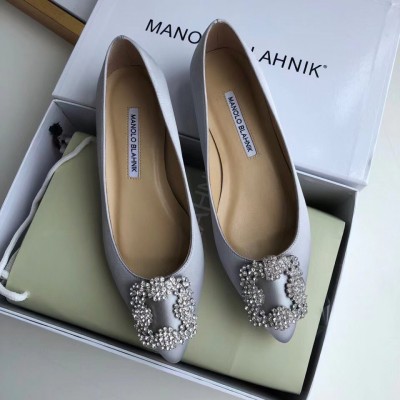 Manolo Blahnik Hangisi Flats In Grey Satin with Crystal Buckle TDSS13615