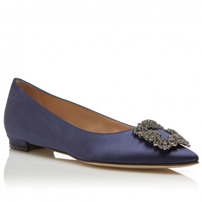 Manolo Blahnik Hangisi Flats In Navy Satin with Crystal Buckle TDSS13616