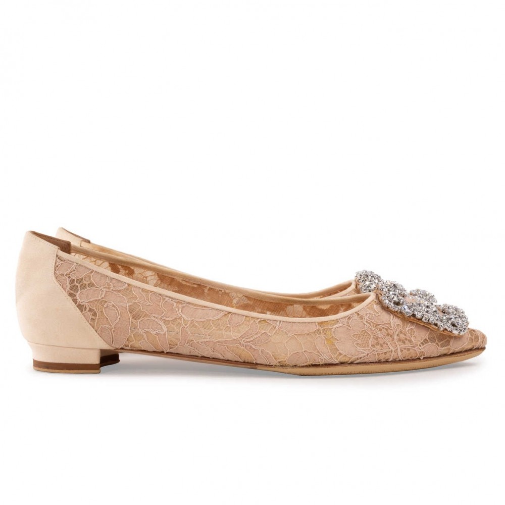 Manolo Blahnik Hangisi Flats In Nude Lace with Crystal Buckle TDSS13617