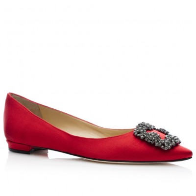 Manolo Blahnik Hangisi Flats In Red Satin with Crystal Buckle TDSS13618