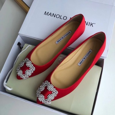 Manolo Blahnik Hangisi Flats In Red Satin with Crystal Buckle TDSS13618