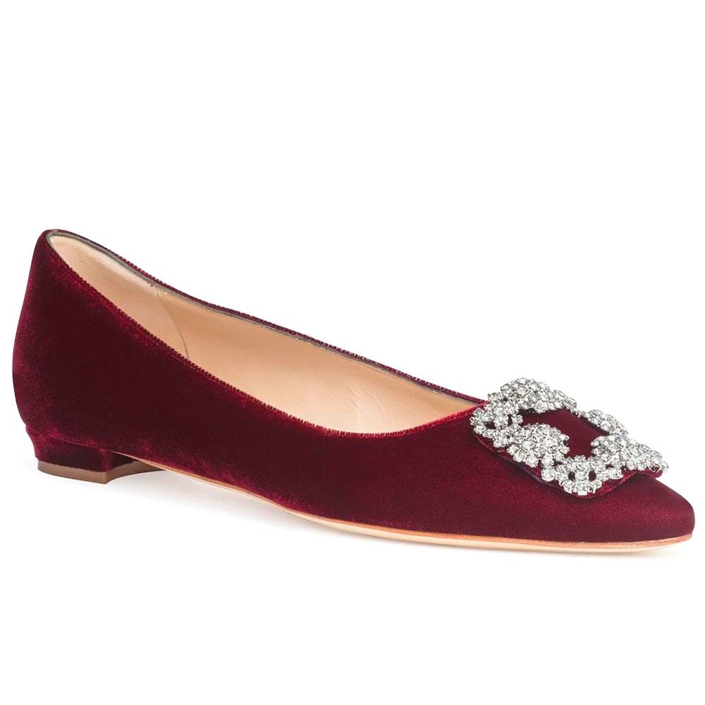 Manolo Blahnik Hangisi Flats In Red Velvet with Crystal Buckle TDSS13619