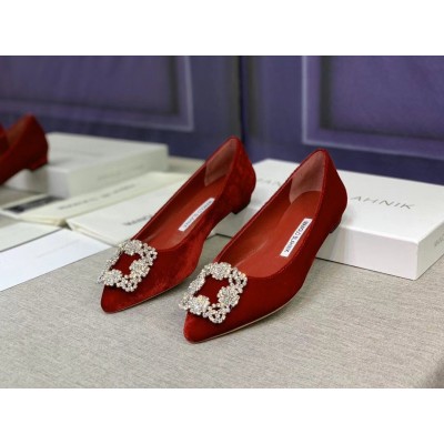 Manolo Blahnik Hangisi Flats In Red Velvet with Crystal Buckle TDSS13619