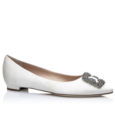 Manolo Blahnik Hangisi Flats In White Satin with Crystal Buckle TDSS13620