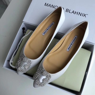 Manolo Blahnik Hangisi Flats In White Satin with Crystal Buckle TDSS13620