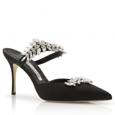 Manolo Blahnik Lurum Crystal 90mm Mules In Black Satin TDSS13621