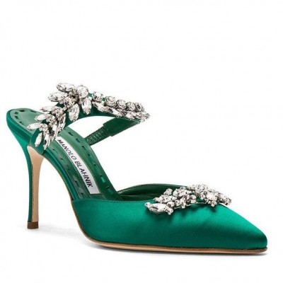 Manolo Blahnik Lurum Crystal 90mm Mules In Green Satin TDSS13622