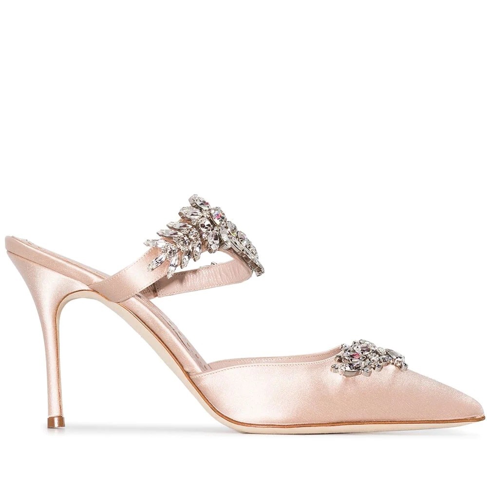 Manolo Blahnik Lurum Crystal 90mm Mules In Pink Satin TDSS13623