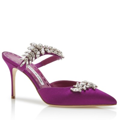 Manolo Blahnik Lurum Crystal 90mm Mules In Purple Satin TDSS13624