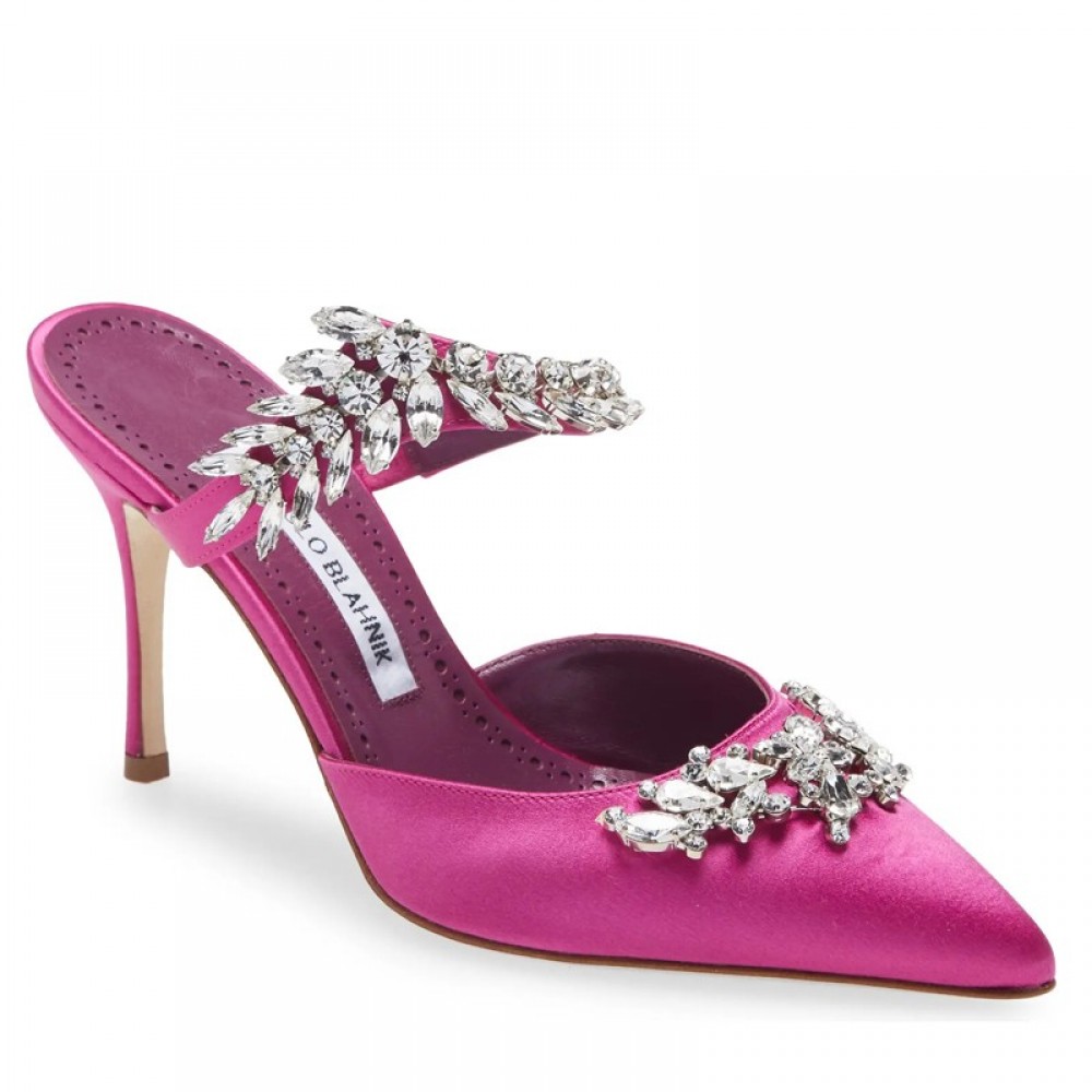 Manolo Blahnik Lurum Crystal 90mm Mules In Rose Red Satin TDSS13625