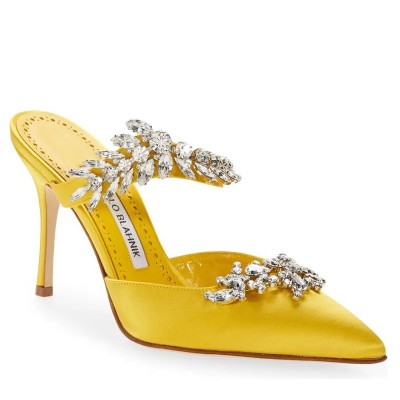 Manolo Blahnik Lurum Crystal 90mm Mules In Yellow Satin TDSS13627