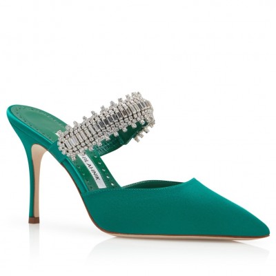 Manolo Blahnik Lutara Crystal 90mm Mules In Green Satin TDSS13629