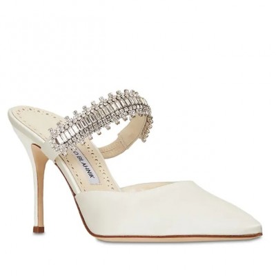 Manolo Blahnik Lutara Crystal 90mm Mules In White Satin TDSS13630