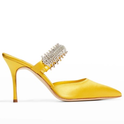 Manolo Blahnik Lutara Crystal 90mm Mules In Yellow Satin TDSS13631