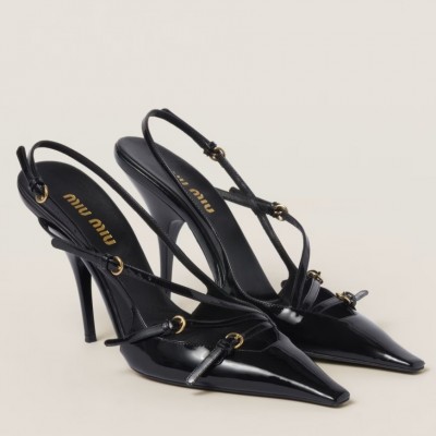 Miu Miu Slingback Pumps 105mm in Black Patent Leather with Buckles TDSS13638