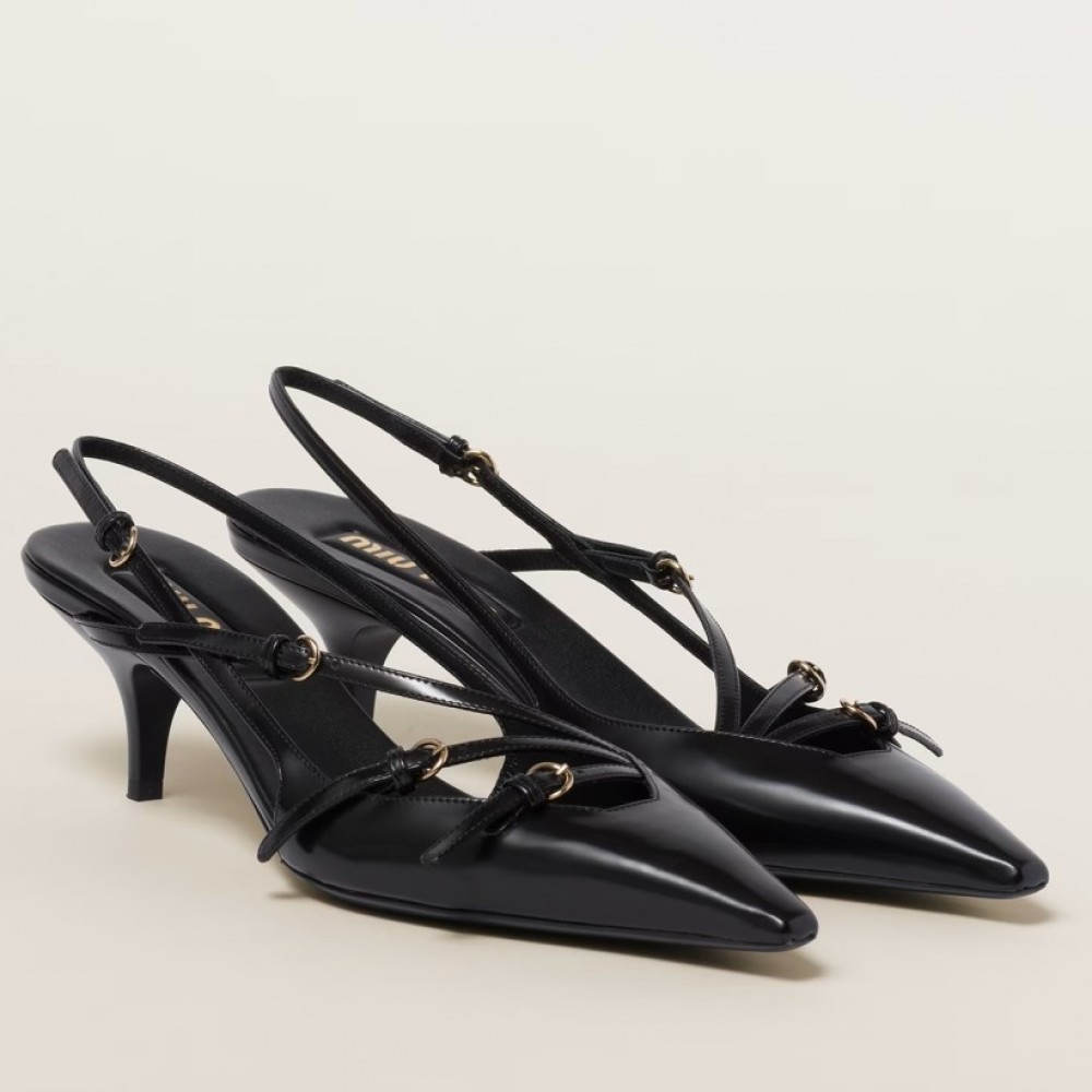 Miu Miu Slingback Pumps 55mm in Black Patent Leather with Buckles TDSS13640