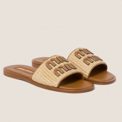 Miu Miu Slides in Beige Raffia-effect Woven Fabric TDSS13646