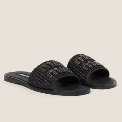 Miu Miu Slides in Black Raffia-effect Woven Fabric TDSS13648