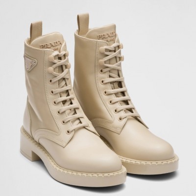 Prada Ankle Boots in Beige Brushed Leather and Re-Nylon TDSS13659