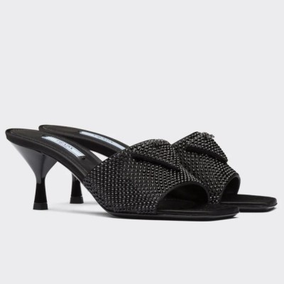 Prada Black Satin Heeled Sandals with Crystals TDSS13670