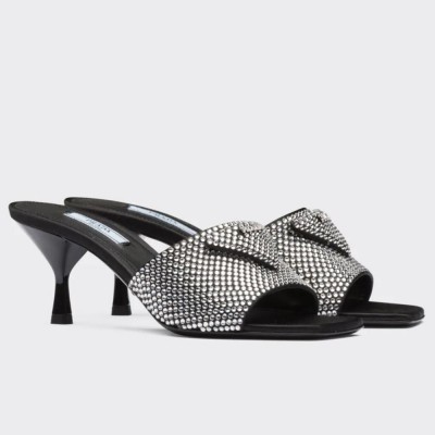 Prada Black Satin Heeled Sandals with White Crystals TDSS13671