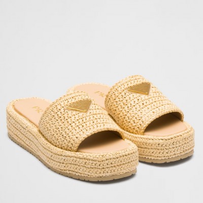 Prada Crochet Flatform Slides in Beige Raffia-effect Yarn TDSS13678