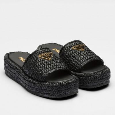 Prada Crochet Flatform Slides in Black Raffia-effect Yarn TDSS13679