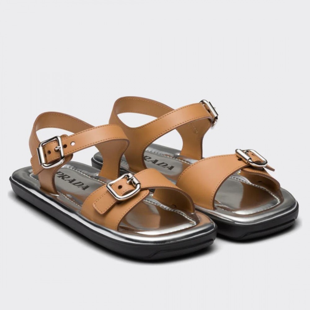 Prada Double-strap Sandals In Brown Leather TDSS13689